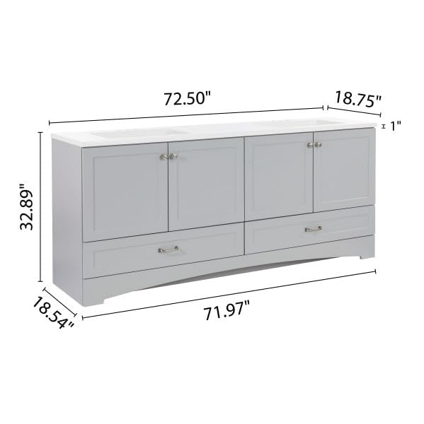 Spring Mill Cabinets Emlyn 72 Inch Double-Sink Bathroom Vanity with White Top, 2 Cabinets, 2 Drawers, 72.5" W x 18.75" D, Pearl Gray Spring Mill Cabinets