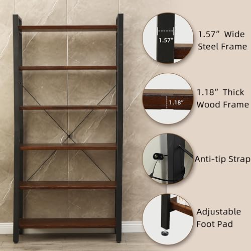 Rustic Brown 6-Tier Solid Wood Industrial Bookcase with Metal Frame WH-AOERPUMY