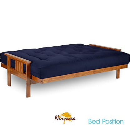 Nirvana Futons Stanford Futon Set - Full Size Futon Frame with Mattress Included (8 Inch Thick Mattress, Twill Navy Blue Color), Heavy Duty Wood, Popular Sofa Bed Choice