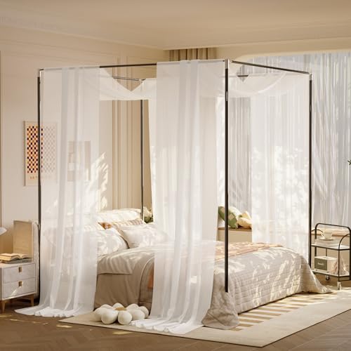lazyzzz White Canopy Bed Curtains with Light Princess Bed Canopy Scarf for Full/Queen Metal Bed Frame,Wood Frame Bed-2 Panel Sheer Curtain lazyzzz