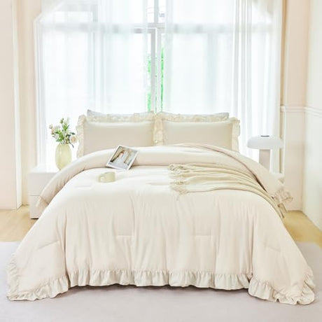ANGIYUIN 5 Pieces Camel Twin Size Comforter Set for Kids Girls Ruffled Bedding Set Boho Farmhouse Bed Sets Shabby Fluffy Elegance Bed in A Bag with Sheets(Camel Twin) ANGIYUIN