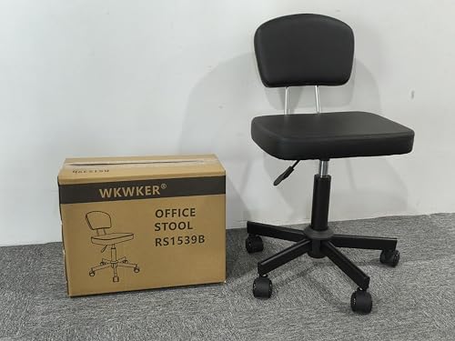WKWKER Rolling Stool Chair with Backrest Height Adjustable 360° Swivel Stool with Wheels Square Seat PU Leather Rolling Stool for Bedroom Counter Shop Salon Massage Home Office Drafting Work (Black) WKWKER