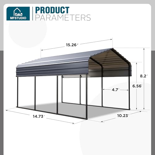 MFSTUDIO Carport 10x15 ft, Outdoor Heavy Duty Metal Shed Carports, Metal Garage Car Shelter Shade Car Port with Galvanized Roof, Frame and Bolts for Cars, Truck and Boats MFSTUDIO