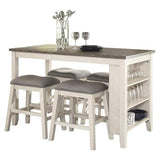 Pemberly Row 5-Piece Transitional Wood & Fabric Upholstery Counter Height Dining Set with 3-Shelf Table & 4 Nailhead Trim Stools, Easily Seats 4 People, in Antique White Finish Pemberly Row