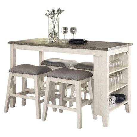 Pemberly Row 5-Piece Transitional Wood & Fabric Upholstery Counter Height Dining Set with 3-Shelf Table & 4 Nailhead Trim Stools, Easily Seats 4 People, in Antique White Finish Pemberly Row