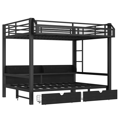 Bellemave Bunk Bed Queen Over Queen，Metal Bunk beds with Storage Shelves and Drawers USB Ports and LED Lights, Lower Bed That can be Converted into a Sofa, Black Bellemave