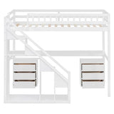 Merax Twin Size Wood Loft Bed with Desk, Stairs & Storage, Space Saving Bed with Lights, 2 Drawers, Guardrails, 220LBS Capacity, White Merax