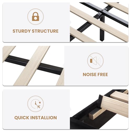 SHA CERLIN Queen Size Velvet Bed Frame with LED Light, Adjustable Vertical Channel Tufted Headboard, Strong Wooden Slats Support, Noise-Free, No Box Spring Needed, Black SHA CERLIN
