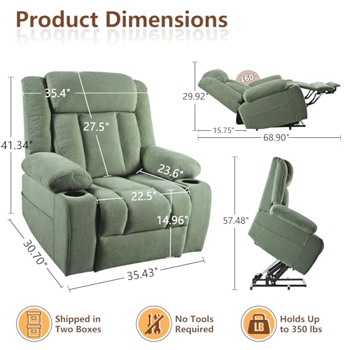 cinkehome Large Power Lift Recliner Chair for Elderly with Extended Footrest, Deep Seat Electric Lift Chairs, Easy Remote, Cup Holders, Side Pocket, Soft Snowflake Fleece, Green