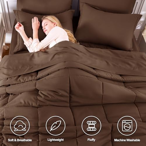 CozyLux Queen Comforter Set Brown - 7 Pieces Bed in a Bag Queen, All Season Breathable Bedding Sets, Oeko-Tex Certified Bed Set with Down Alternative Comforter, Sheets, Pillowcases & Pillow Shams CozyLux