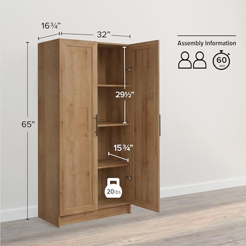 Prepac Natural Oak Elite 65" Tall Accent Kitchen Pantry Cabinet, Craft or Bathroom Storage Cabinet, Buffet Storage with Panel Doors, 3 Shelves, 32" W x 16.75" D x 65" H, Ideal for Home Organization Prepac