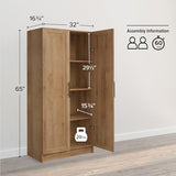 Prepac Natural Oak Elite 65" Tall Accent Kitchen Pantry Cabinet, Craft or Bathroom Storage Cabinet, Buffet Storage with Panel Doors, 3 Shelves, 32" W x 16.75" D x 65" H, Ideal for Home Organization Prepac
