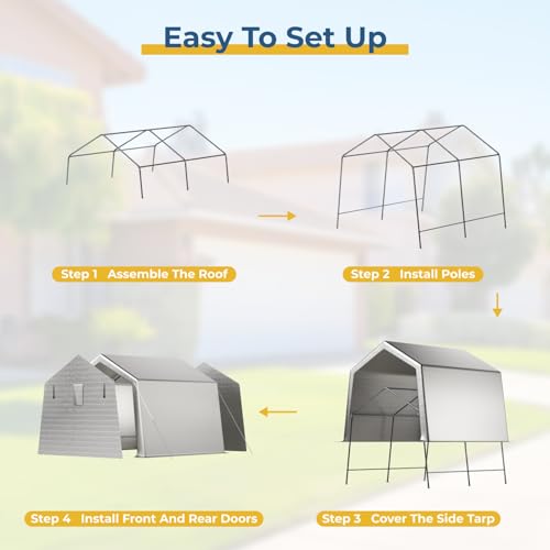LINKHOO 10x10 FT Portable Garage Carport, Heavy-Duty Storage Shed with 220G Waterproof PE Tarp, Roll-Up Zipper Door & Vent, for Motorcycle, Bike, UTV, Tools, Outdoor Equipment, Gray LINKHOO