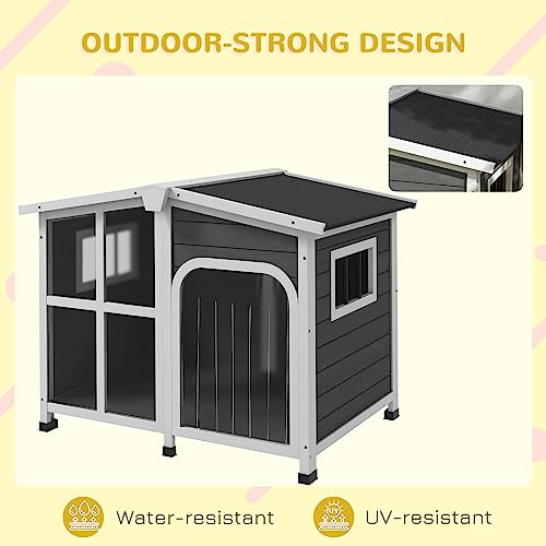 PawHut Cabin-Style Wooden Dog House for Large Dogs Outside with Openable Roof & Giant Window, Big Dog House Outdoor & Indoor, Asphalt Roof, Gray PawHut