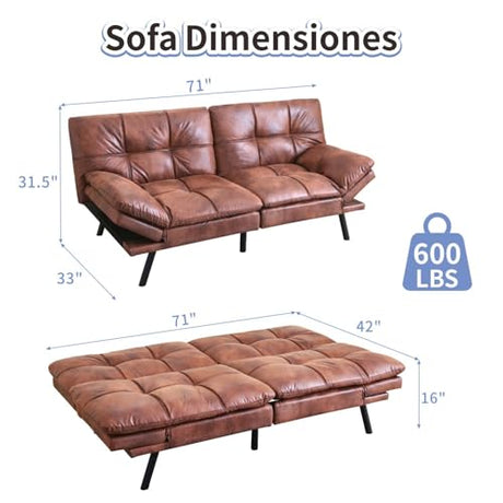 MUUEGM Brown Futon Sofa Bed Leather Memory Foam Modern Office Couch Sleeper Bed Convertible Love seat Sofa for Small Spaces,Apartment,Office with Adjustable Armrest Backrest MUUEGM