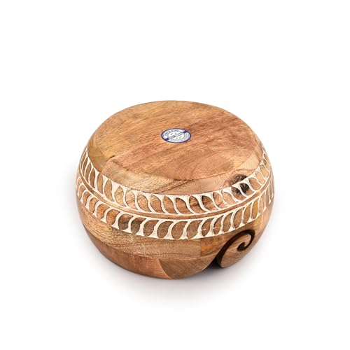 Mahasu Yarn Storage Mango Wood Yarn Bowl for Crocheting Accessories and Supplies Organizer Wool Storage Bowl Round (7" x 7" x 4") Mahasu