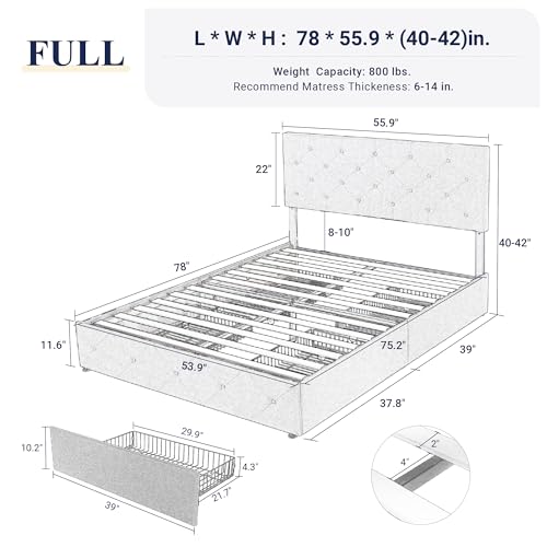 Allewie Upholstered Full Size Platform Bed Frame with 4 Storage Drawers and Headboard, Diamond Stitched Button Tufted, Mattress Foundation with Wooden Slats Support, No Box Spring Needed, Dark Grey Allewie