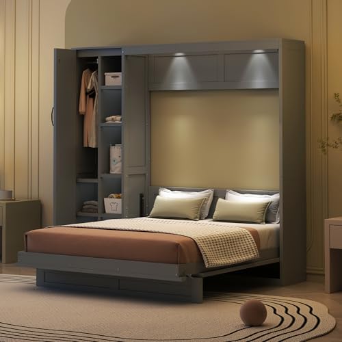 Merax Full Size Murphy Bed Wall Bed with Shelves, Drawers and LED Lights,Gray Merax