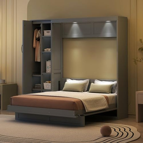 Merax Full Size Murphy Bed Wall Bed with Shelves, Drawers and LED Lights,Gray Merax