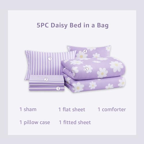 AMBERSPACE Twin XL Comforter Set for Girls, Purple Daisy Kids Bedding Set Reversible with Cute Floral, All Season Bed in a Bag Dorm 5 Pieces with Sheets, Pillowcase & Sham AMBERSPACE
