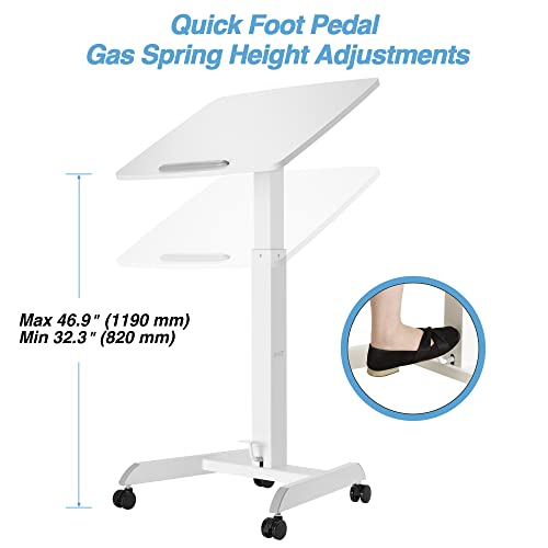 AVLT 47" Height Adjustable Mobile Workstation with Tilting Desk (3 ft 11 inches) - Foot Pedal Pneumatic Standing Desk Cart - Mobile Laptop Cart - Mobile White Cart with Brake Casters AVLT