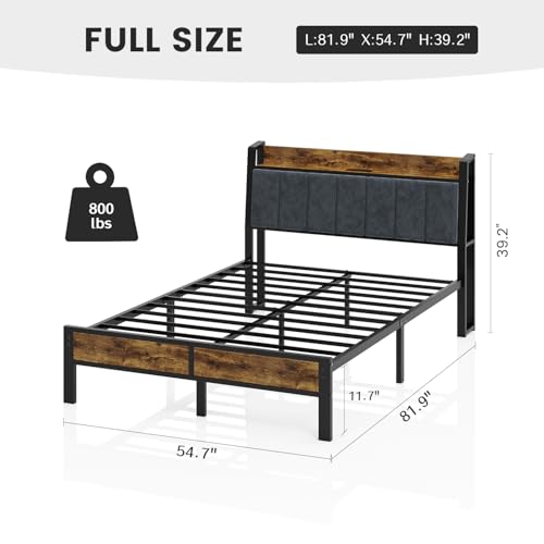 Liians Full Size Bed Frame with Smart LED Light, Wood Storage Charging Station Headboard, Metal Platform Bed, No Box Spring Required, Easy Assembly, Noise Free Liians