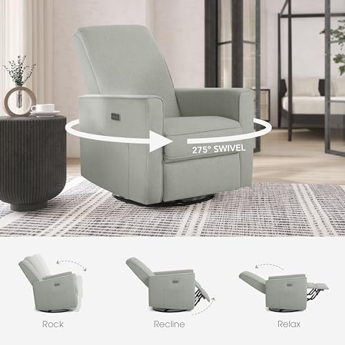 évolur Harlow Upholstered Power Glider Recliner with USB Charging – Rocking & 275° Swivel with Smooth Glide – Greenguard Gold & FSC Certified – Modern Nursery and Living Room Chair in Light Grey