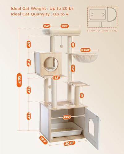 MIOMUM Tall Cat Tree with Litter Box Enclosure 56.7" Wooden Cat Tower for Large Cats with Cat Hammock House Bed (Wood Beige) - WoodArtSupply