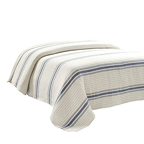 Lush Decor Farmhouse Stripe Kantha Pick Stitch Cotton Quilt/Coverlet Single Full/Queen, Navy - Striped Bedding Queen Quilt - Queen Blanket For Bed Lush Decor