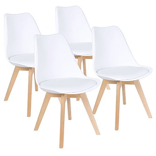 Furmax Mid Century Modern DSW Upholstered Side Beech Wood Legs and Soft Padded Shell Tulip Chair for Dining Living Room Bedroom Kitchen Set of 4 (White) - WoodArtSupply