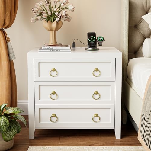 Huuger 23.6 Inch Night Stand with Charger Station and USB-C Port, 3 Drawer Nightstand, Larger Wider Bedside Table, Modern Side End Table, for Bedroom, White Nightstand Huuger