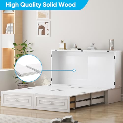 Mjkone Murphy Bed Cabinet, Queen Size Cabinets Bed Chest with USB Charging Station & Tri-Folding Mattress, Wall Beds with Storage Drawers for Guest Bedroom Apartment Office, Easily Convertible, White Mjkone