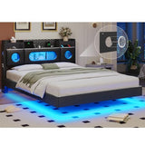 Floating Bed Frame Queen,Queen Bed Frame with Headboard & LED Light &Charging Station,Bed Frame Queen Size Leather Metal Platform Noise-Free,Floating Bed Frame No Box Spring Needed,Easy Assembly,Black BYSAUD