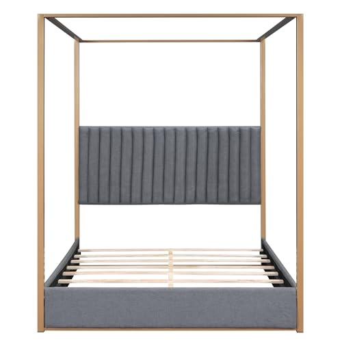 BOVZA Queen Size Upholstered Canopy Platform Bed Frame with Channel Tufted Headboard and Metal Frame, No Box Spring Needed, Gray