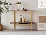 LumFurn Glass Console Table for Living Room, Foyer & Entrance, 2-Tiers Mid-Century Modern Sofa Table with Amber Glass Top, Walnut Finish Wood Shelf and Gold Finish Frame LumFurn