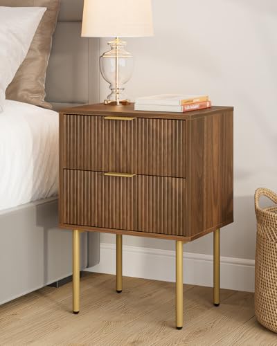 Masupu Night Stand,Mid-Century Modern Bedside Table with 2 Storage Drawer,Small Gold Frame Side End Table for Bedroom,Living Room, Walnut Masupu