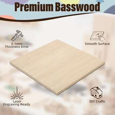 12 Pack Basswood Sheets 12"x12"x1/8", 3mm Basswood for Laser Cutting and Engraving, Unfinished Wood for Crafts, DIY Ornaments and Architectural Models, Wood Burning SPROOKJE