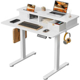 JOY worker Small Electric Standing Desk, 35" x 25" Height Adjustable Desk with Built-in Monitor Stand & Storage Drawer, White Sit Stand Table with 2 Hooks for Home Office JOY worker