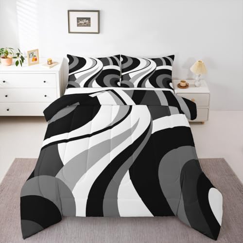 Gray Black White Spiral Twin Comforter Set for Adult Women Men Modern Swirls Stripes Abstract Bedding Set for Minimalists Boho Aesthetic Geometric Bed Sets Graffiti Art Lines Quilt Sets Erosebridal