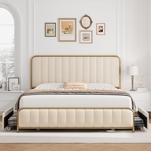 HITHOS King Size Upholstered Metal Bed Frame with 4 Storage Drawers, Golden/Off White Design - WoodArtSupply