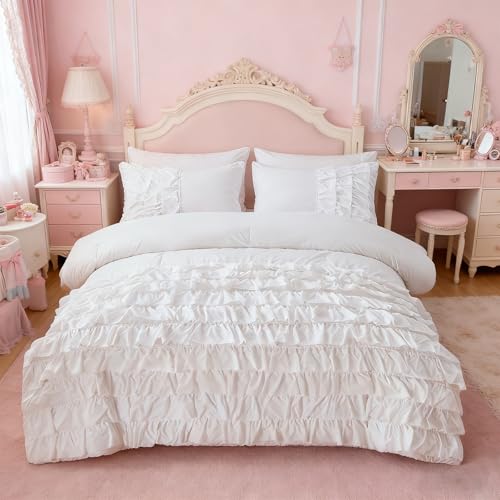 Holawakaka White Waterfall Ruffle Comforter Set Full Size Multi-Layers Ruffled Shabby Chic 3PCS Bedding Set for Girls Women Holawakaka