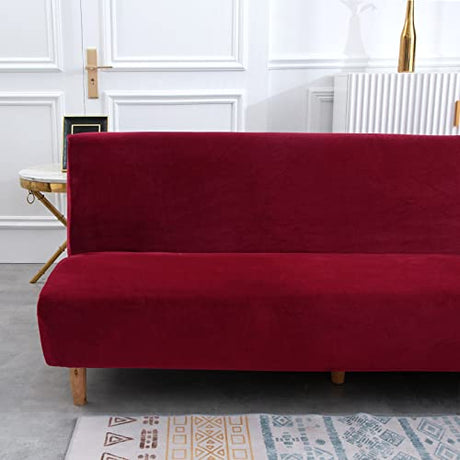 MIFXIN Armless Futon Slipcover Folding Sofa Cover Velvet Stretch Elastic Couch Furniture Protector for Foldable Futon Sofa Bed Without Armrests (Red) MIFXIN