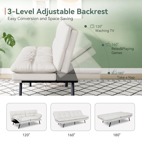 Opoiar 71" L Covertible Futon Sofa Bed,Faux Leather Futon Couch, Memory Foam Modern Loveseat Sleeper, Small Splitback Sofa Couches for Living Room,RV,Home Office,Apartment,White Opoiar