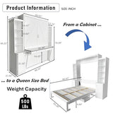 PVWIIK Queen Size Murphy Bed with Desk & Charging Station,Wall Bed Frame Folding into Cabinet Design w/LED & Storage Shelf for Small Space,Bedroom,Guest Room,White PVWIIK