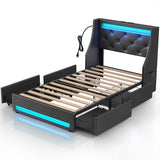 Rolanstar Twin Bed Frame with LED Lights and Charging Station, PU Leather Bed with Drawers, Wooden Slats, Noise Free, Easy Assembly, Black Rolanstar
