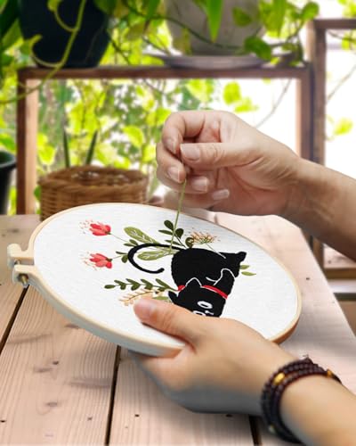 TINDTOP 2 Pack Embroidery Kit for Adult Beginners, Embroidery DIY Starter Kit, with Black Cat and Flowers Stamped Patterns, Hoop, Tools, Colorful Threads with Needles, Instructions TINDTOP