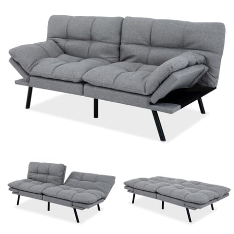 MUUEGM Futon Sofa Bed, 71" Convertible Linen Memory Foam Couch Bed, Modern Backrests Armrests Love Seat for Living Room,Apartment,Office,Light Grey Sleeper Couch MUUEGM