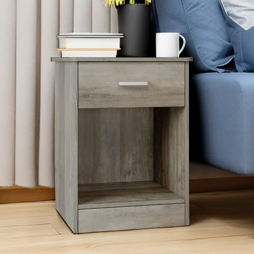 FOTOSOK Nightstand Set of 2, 2-Tier Side Table with Drawer and Storage Shelf, Bedside Table End Table, Modern Night Stand for Bedroom, Home Office,Vintage Grey FOTOSOK