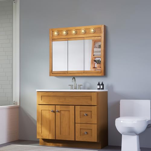 Design House 530618-NOK Richland Medicine 5-Light Solid Wood Frame Bathroom Cabinet with Mirrored Doors, 36-Inch, Nutmeg Oak Finish Design House