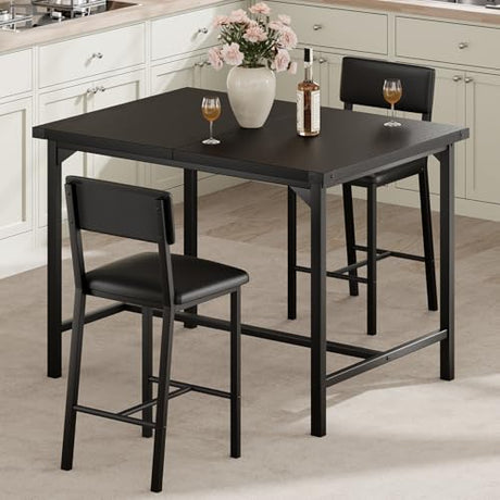 GAOMON Dining Table Set for 2 w/Backrest, Counter Height Table with 2 Upholstered Bar Stools, 3-Piece Kitchen Table Set with Footrest & Corner Protector, for Dining Room, Kitchen, Retro Black GAOMON